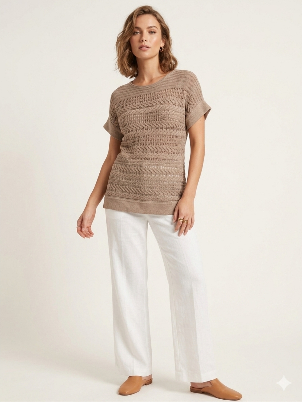 Outback Red Short Sleeve Tan Open Knit Sweater